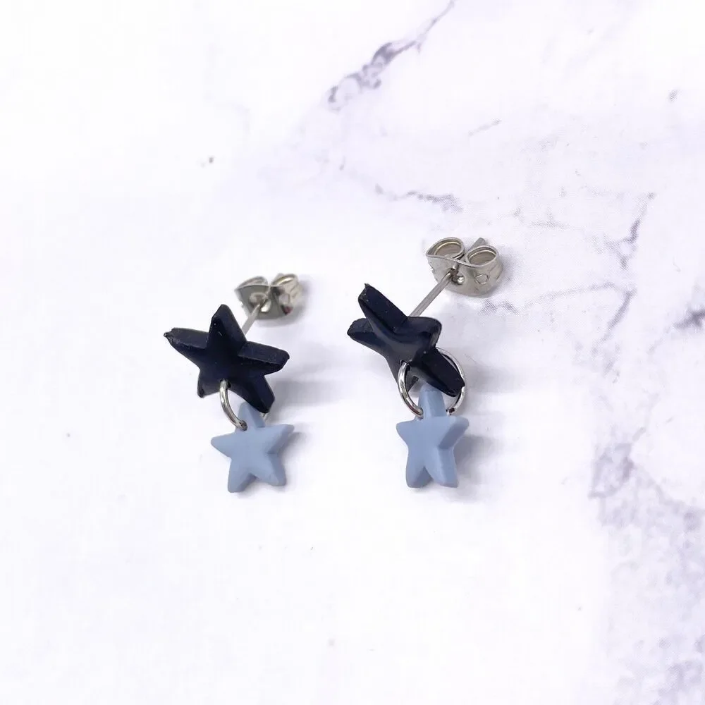 Black and Blue Small Star Dangle Stud Earrings